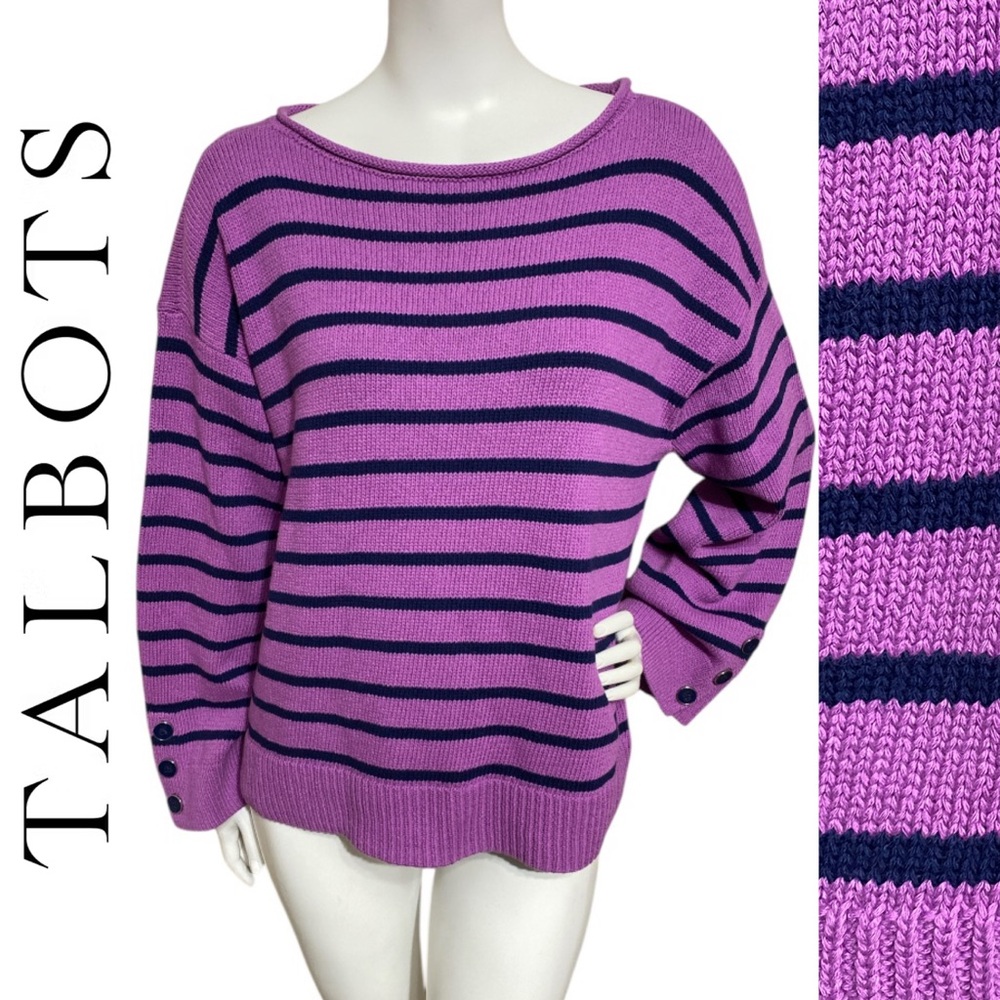 TALBOTS BATEAU NECK SWEATER - PURPLE THISTLE/INK 100% COTTON Size LP (Petite)